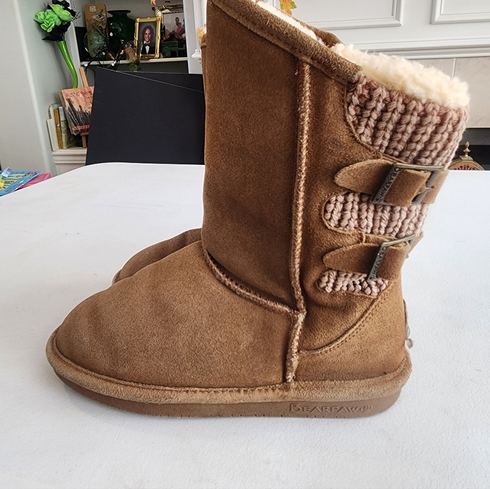 BearPaw Tan Suede Youth Boots with Knit Accents